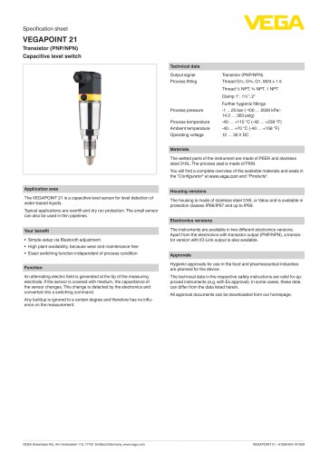 Specification sheet VEGAPOINT 21