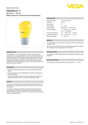 Specification sheet VEGAPULS 11