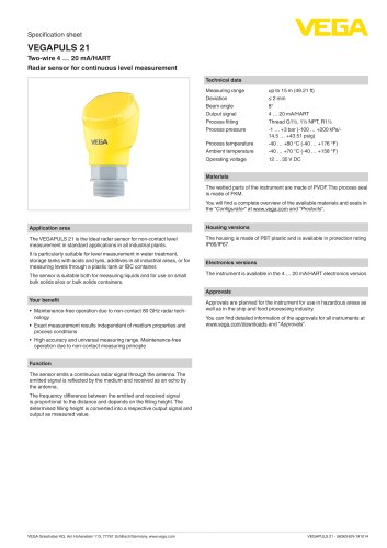 Specification sheet VEGAPULS 21