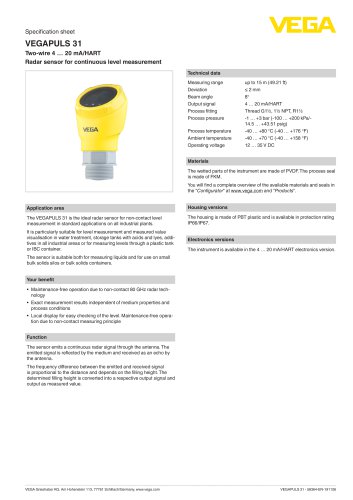 Specification sheet VEGAPULS 31