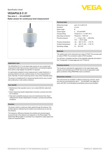 Specification sheet VEGAPULS C 21